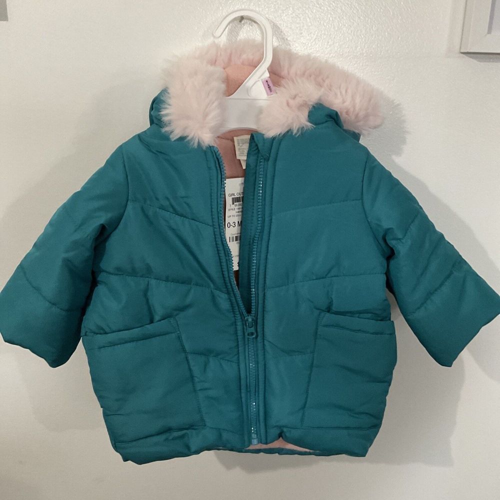 NWT First impressions teal torqouise Coat Jacket pink inside Baby Girls Sz 3-6 m